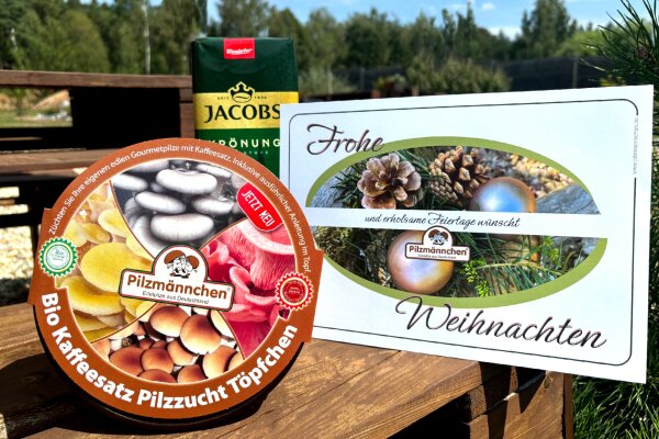 Kaffeesatz Pilzzucht-Töpfchen Bio Austernseitling im Präsentkarton Fröhliche Weihnachten